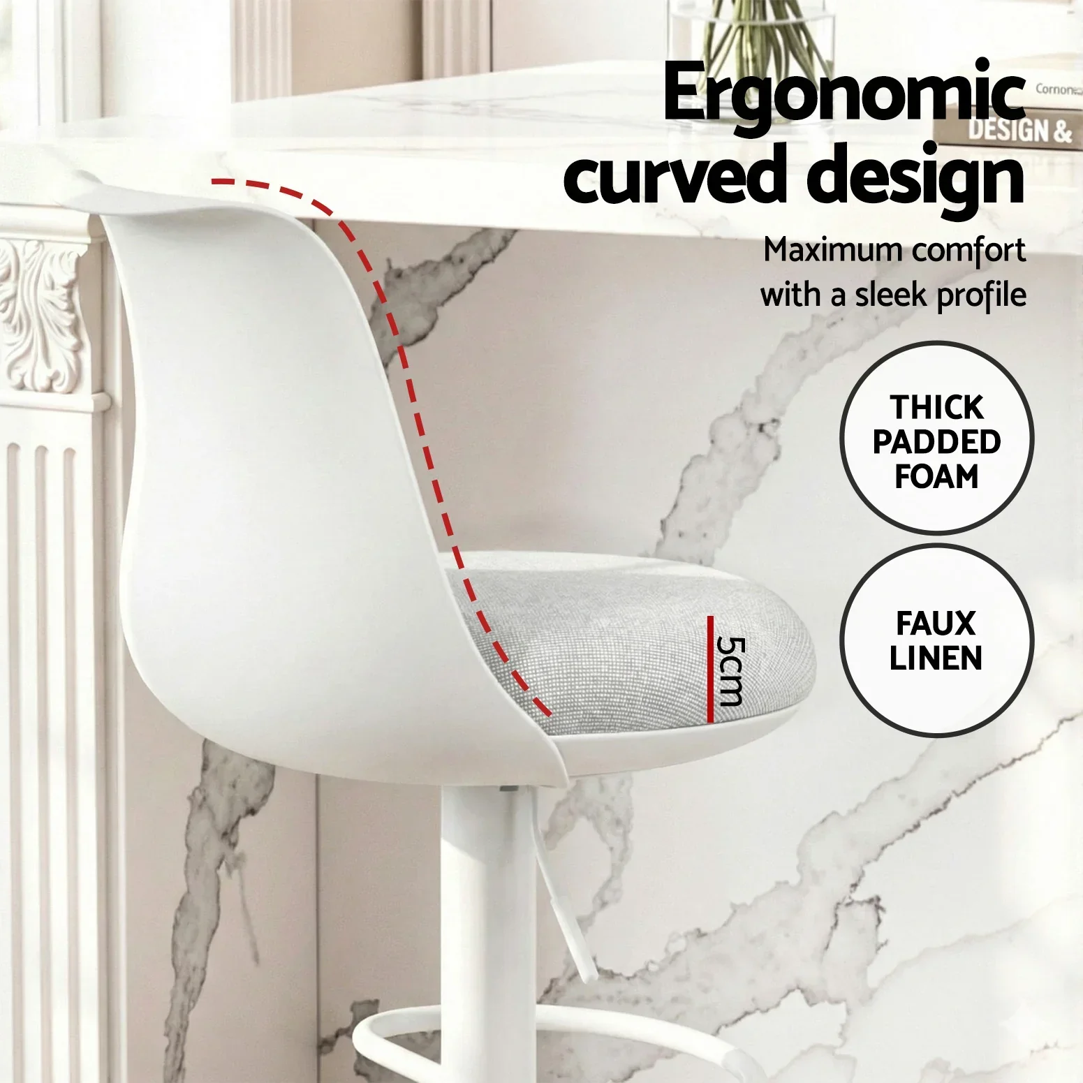 2x Bar Stools Kitchen Swivel Gas Lift Counter Dining Chair Curved White - Image 5