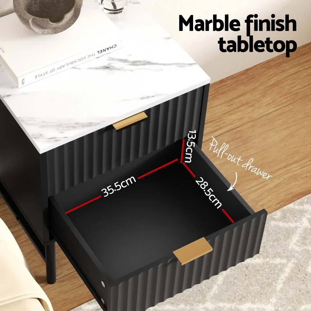 2x Bedside Table 2 Drawers - Black - Image 4