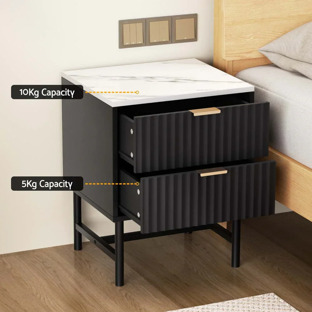 2x Bedside Table 2 Drawers - Black - Image 5