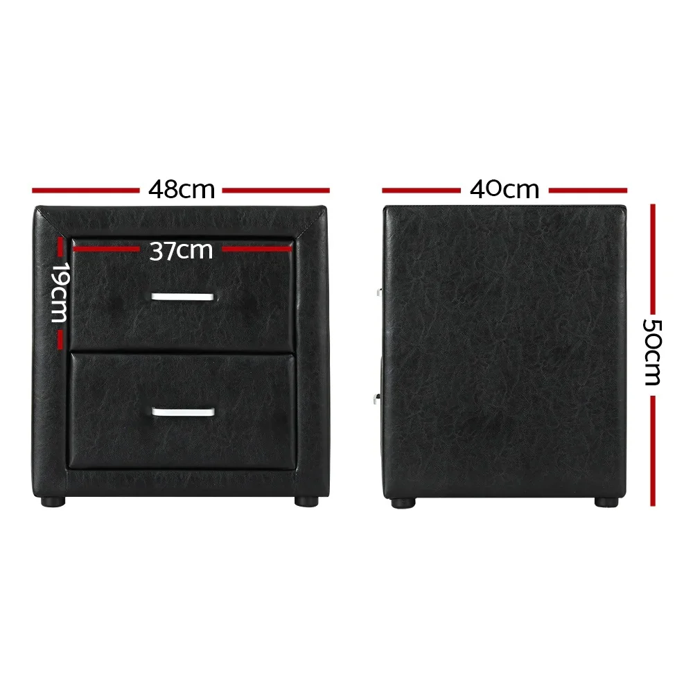 2X Bedside Table 2 Drawers Side Table Leather - CADEN Black - Image 2