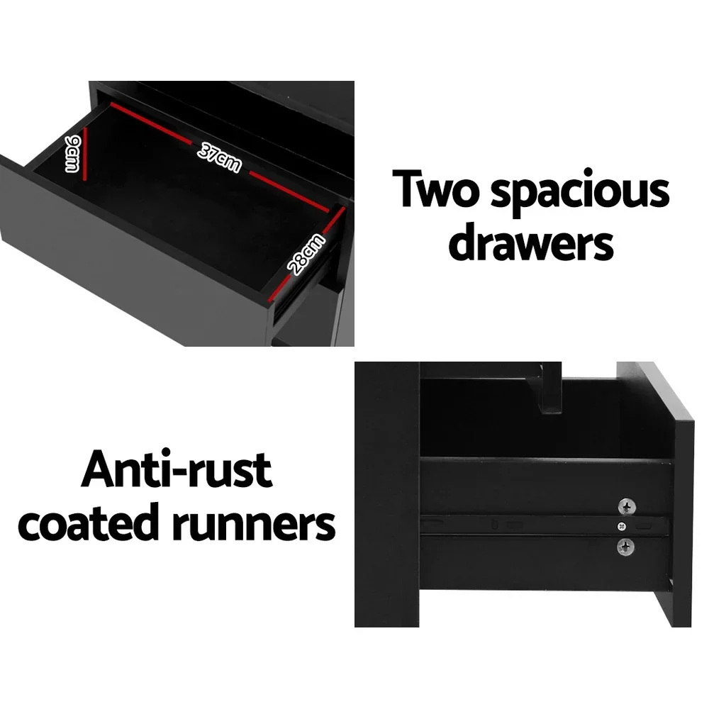 2X Bedside Table LED 2 Drawers Lift-up Storage - COLEY Black - Image 5