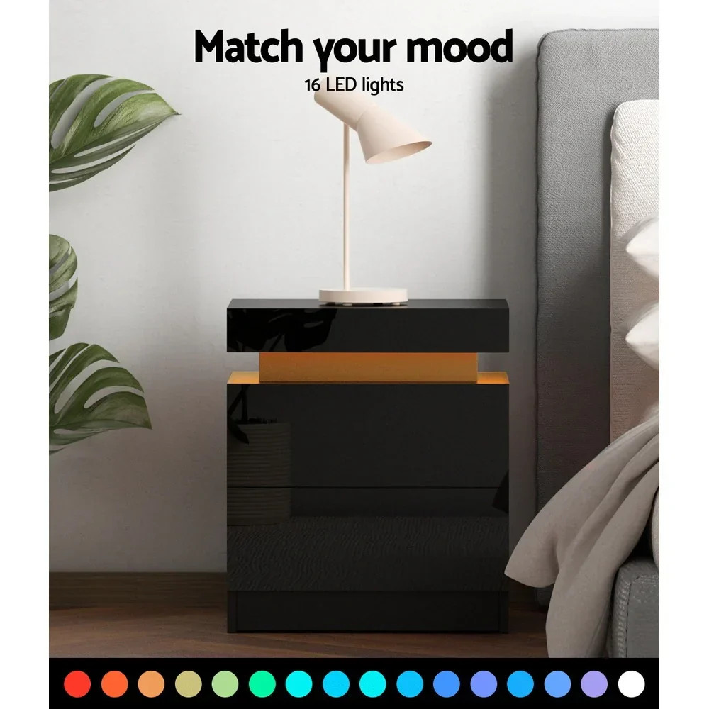 2X Bedside Table LED 2 Drawers Lift-up Storage - COLEY Black - Image 6