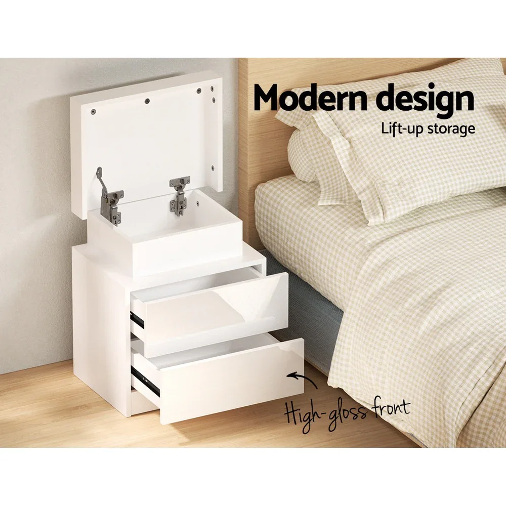 2X Bedside Table LED 2 Drawers Lift-up Storage - COLEY White - Image 6