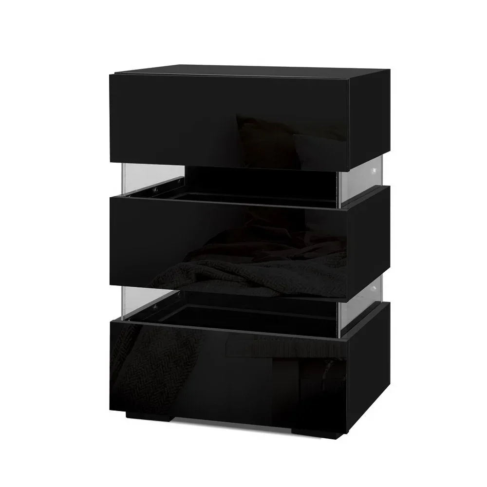 2x Bedside Table LED 3 Drawers - LUMI Black - Image 3