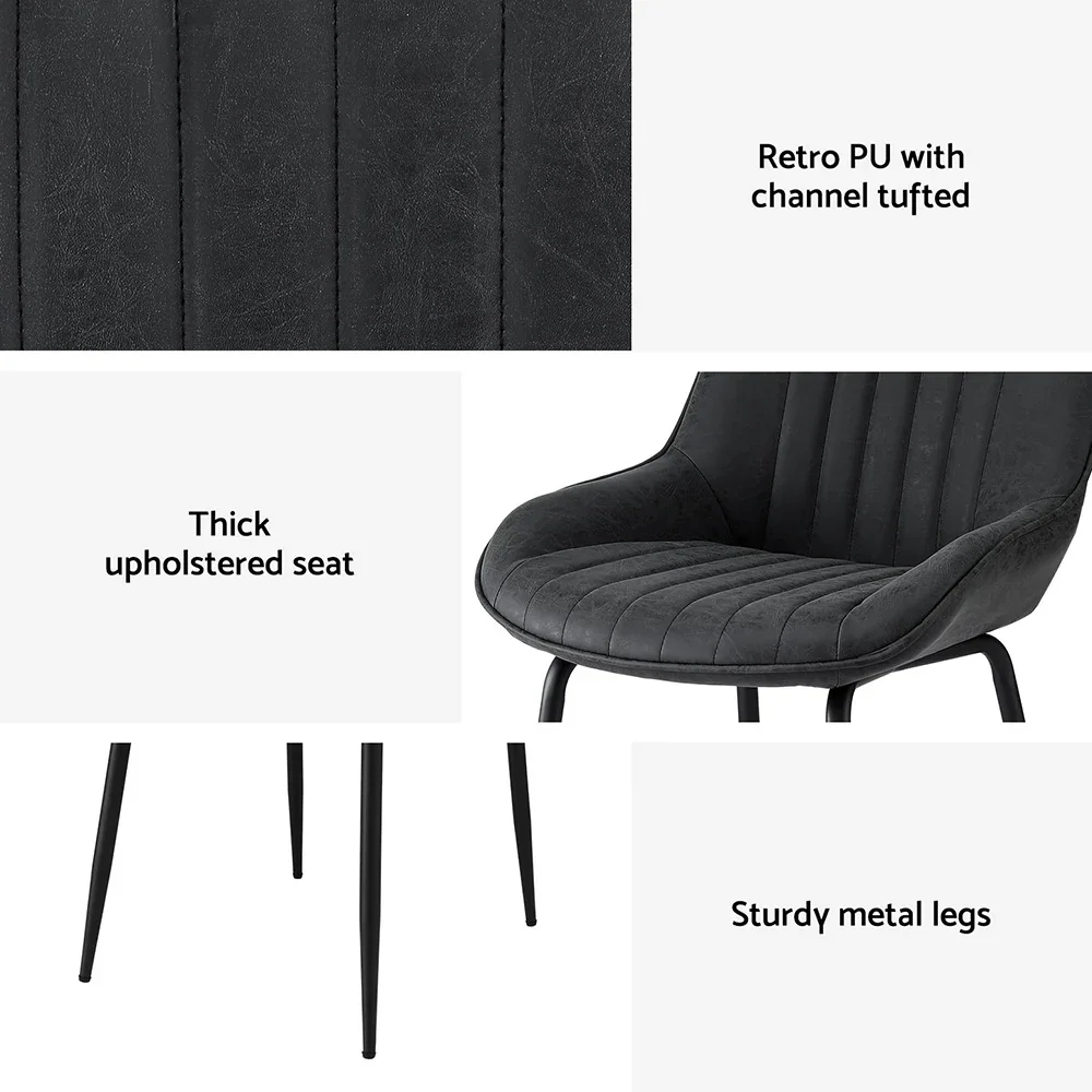 2x Dining Chairs Retro PU Leather Kitchen Lounge Cafe Accent Chair Black - Image 4