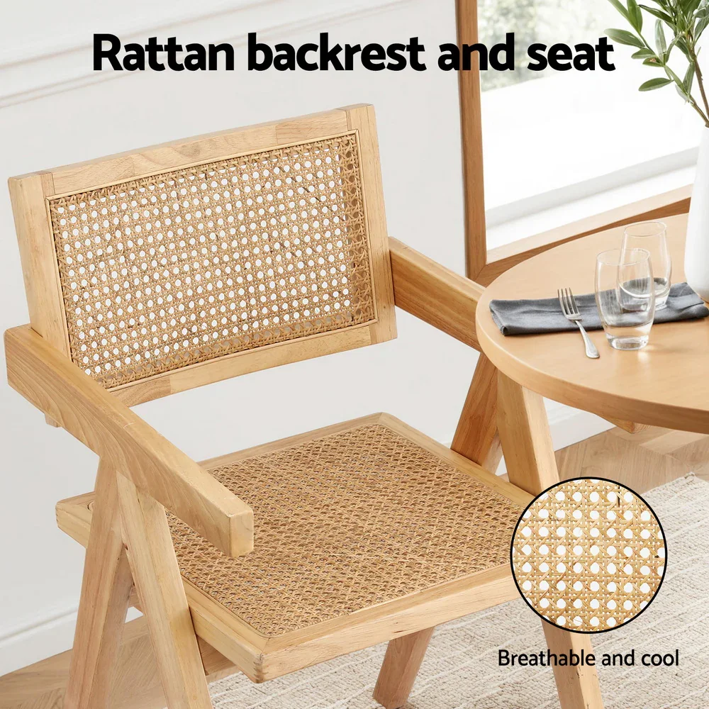 2x Dining Chairs Wooden Rattan Seat Rubber Wood Frame - Image 3