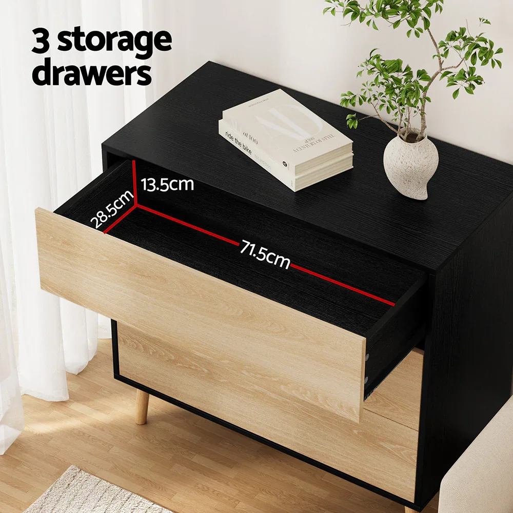 3 Chest of Drawers Dresser Table Black&Pine - Image 2