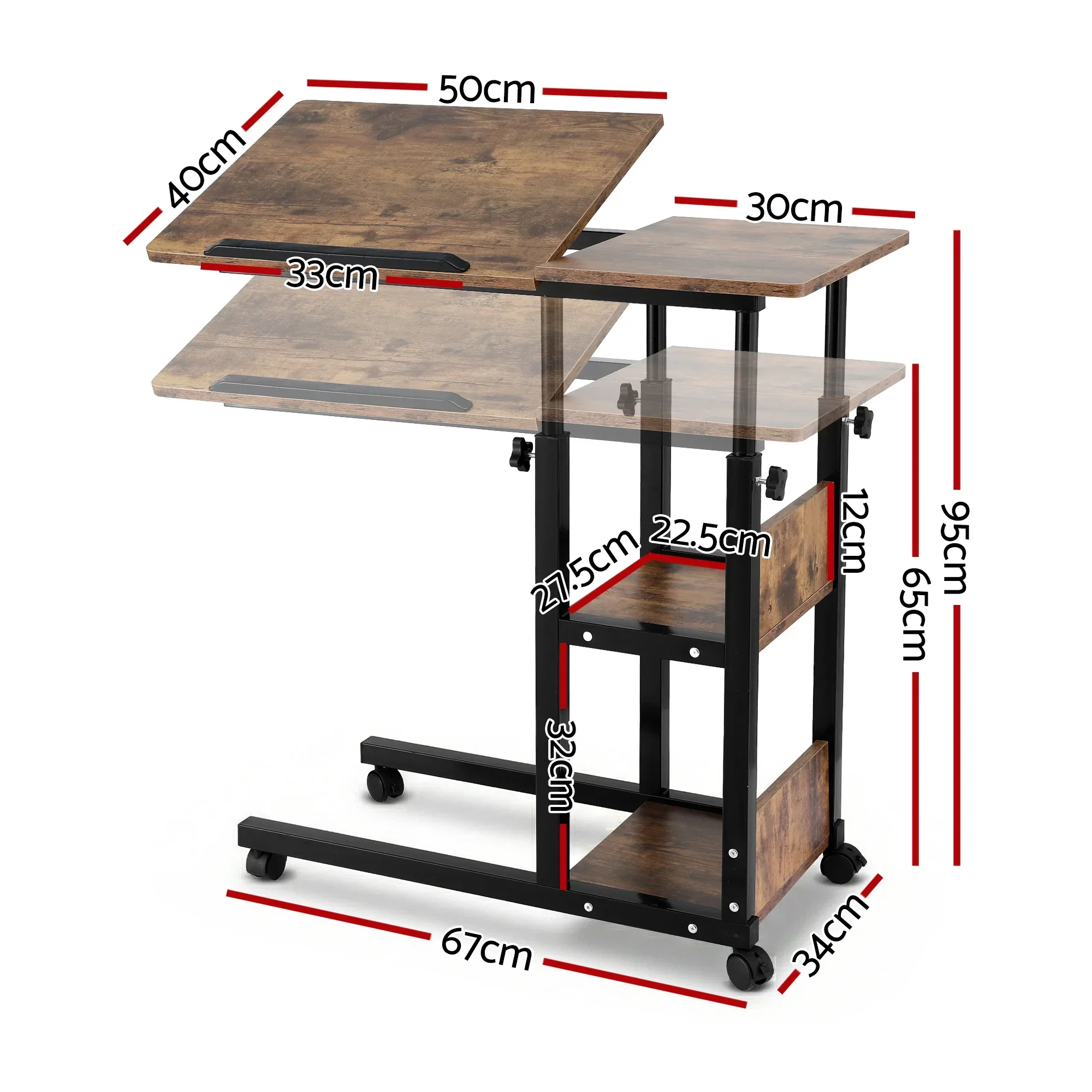 3 Tier Adjustable Laptop Desk Tiltable Mobile Side Table Wheels - Image 2