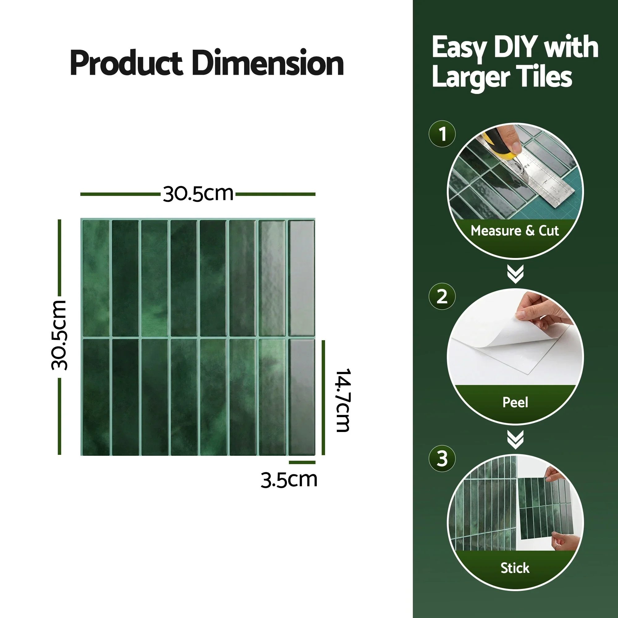 3D Peel and Stick Wall Tiles Self Adhesive LinearGrid Backsplash 10 Sheets, Green - Image 2