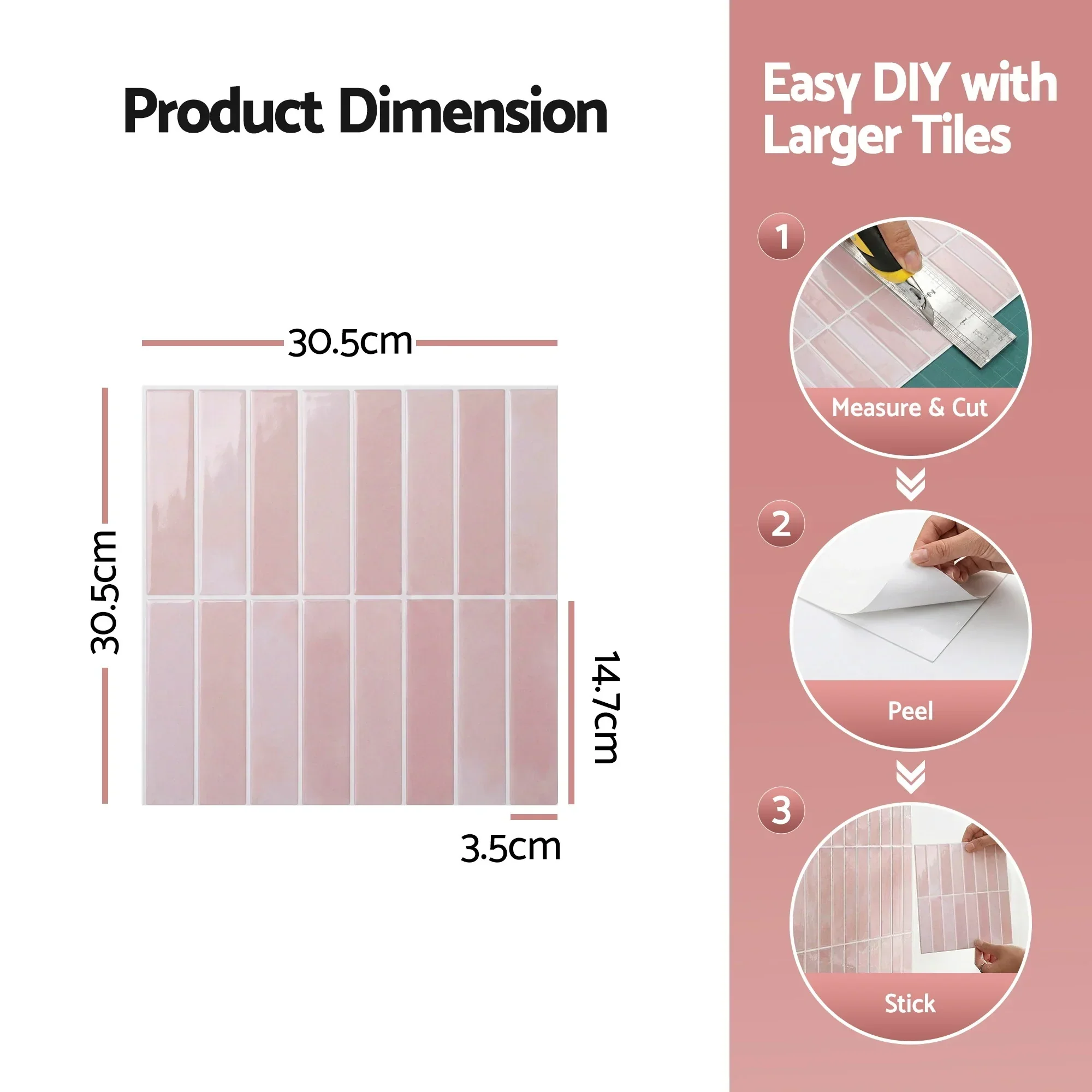 3D Peel and Stick Wall Tiles Self Adhesive LinearGrid Backsplash 10 Sheets, Pink - Image 2