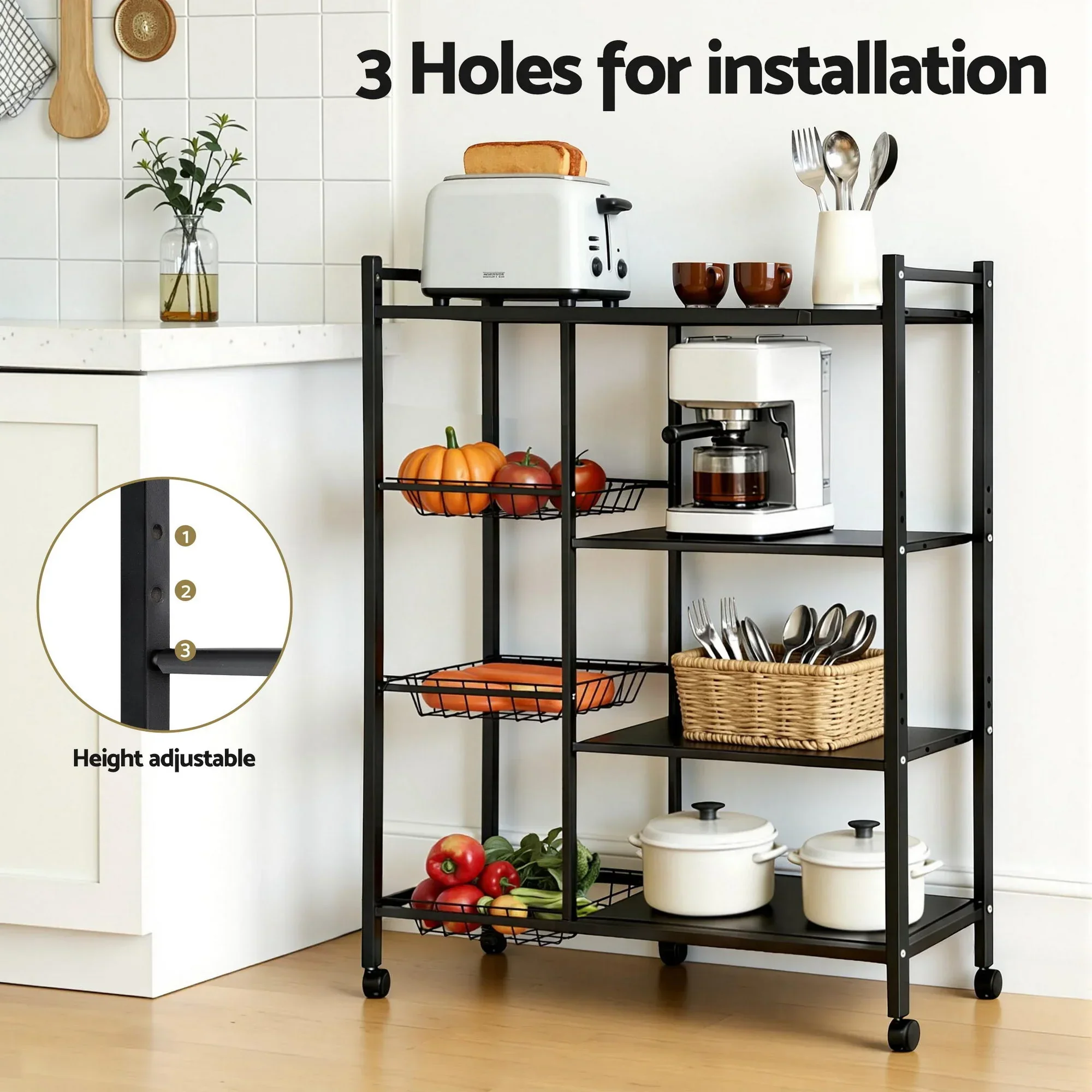 4-Tier Kitchen Rack Microwave Bakers Storage Shelf with 3 Baskets Wheels - Image 6
