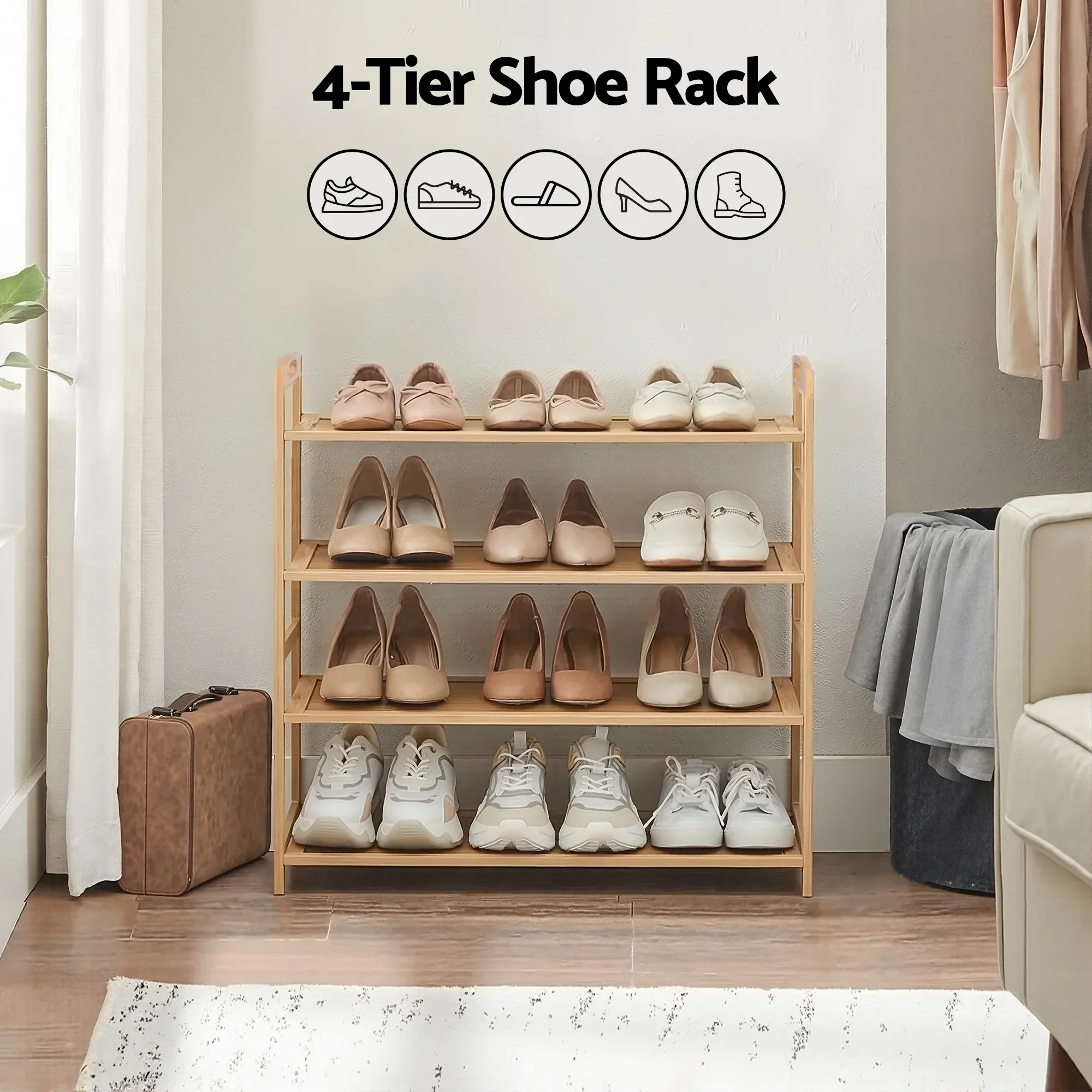 4 Tier Shoe Rack Bamboo Storage Organiser Pine - Image 5