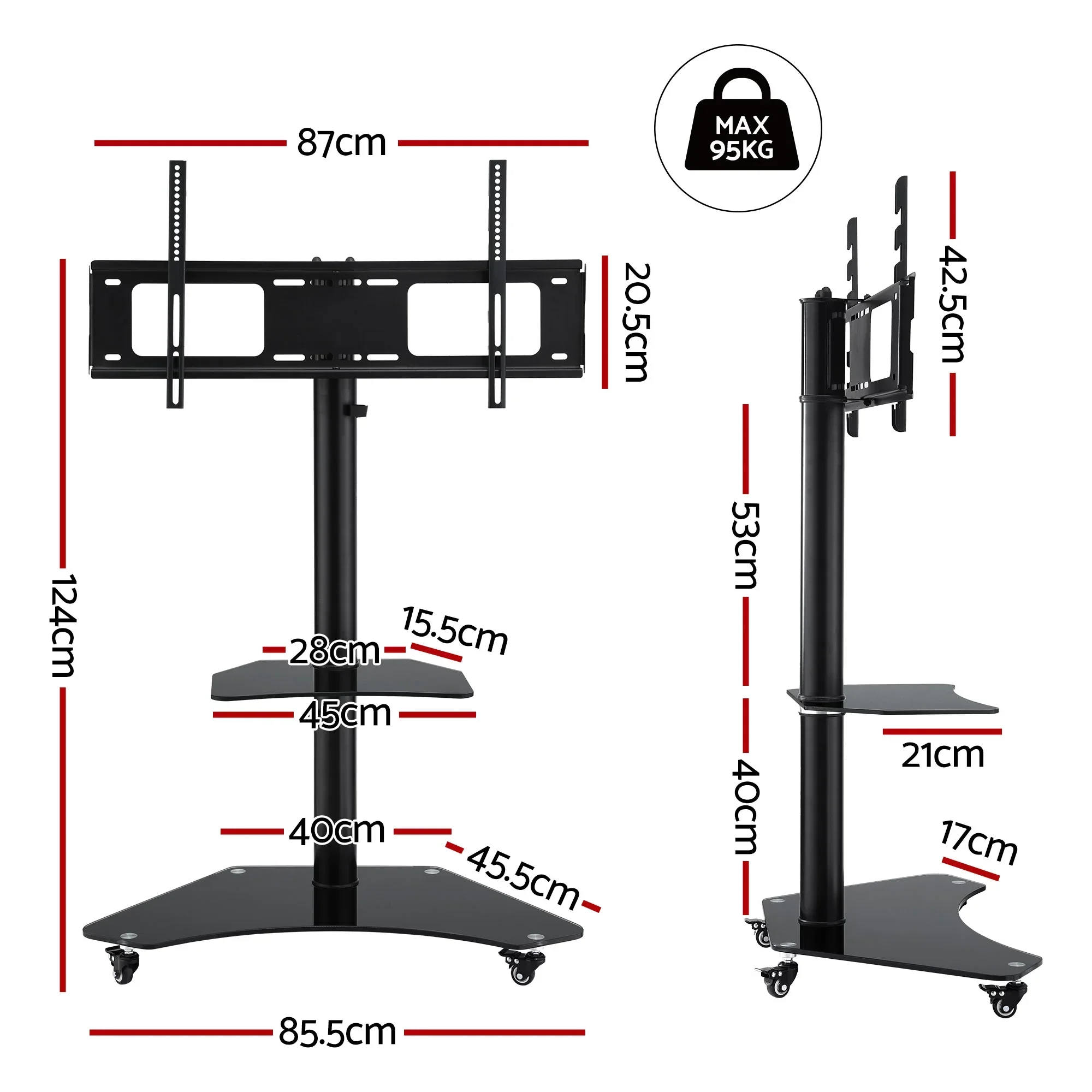 40-100" TV Stand Mount Bracket Universal Adjustable Height with Wheels - Image 8