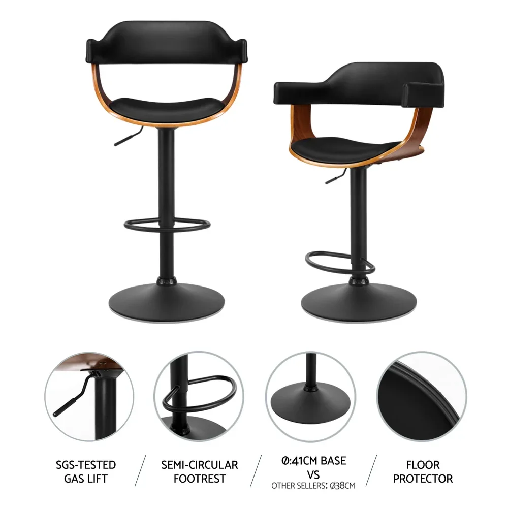 4x Bar Stools Gas Lift Leather w/Armrest All Black - Image 4