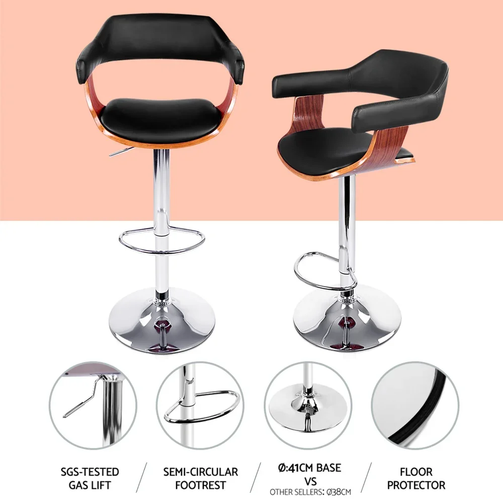 4x Bar Stools Gas Lift Leather w/Armrest Black - Image 5
