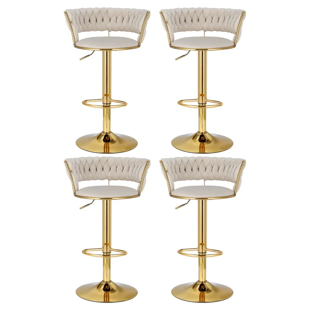 4x Bar Stools Gas Lift Velvet Woven Backrest Ivory - Image 3