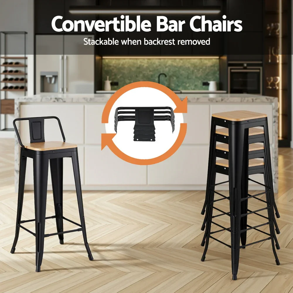 4x Bar Stools Kitchen Counter High Chair Dining Stackable Metal Black - Image 4
