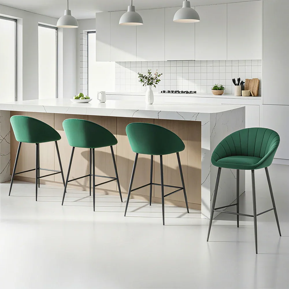 4x Bar Stools Kitchen Dining Chair Counter Stool Tub Velvet Metal Green