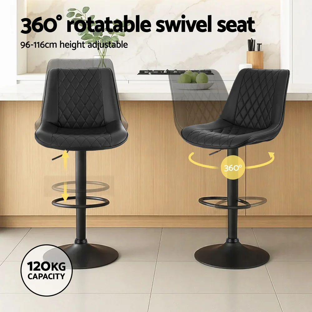 4x Bar Stools Kitchen Swivel Gas Lift Counter Chair Diamond Leather Black - Image 2