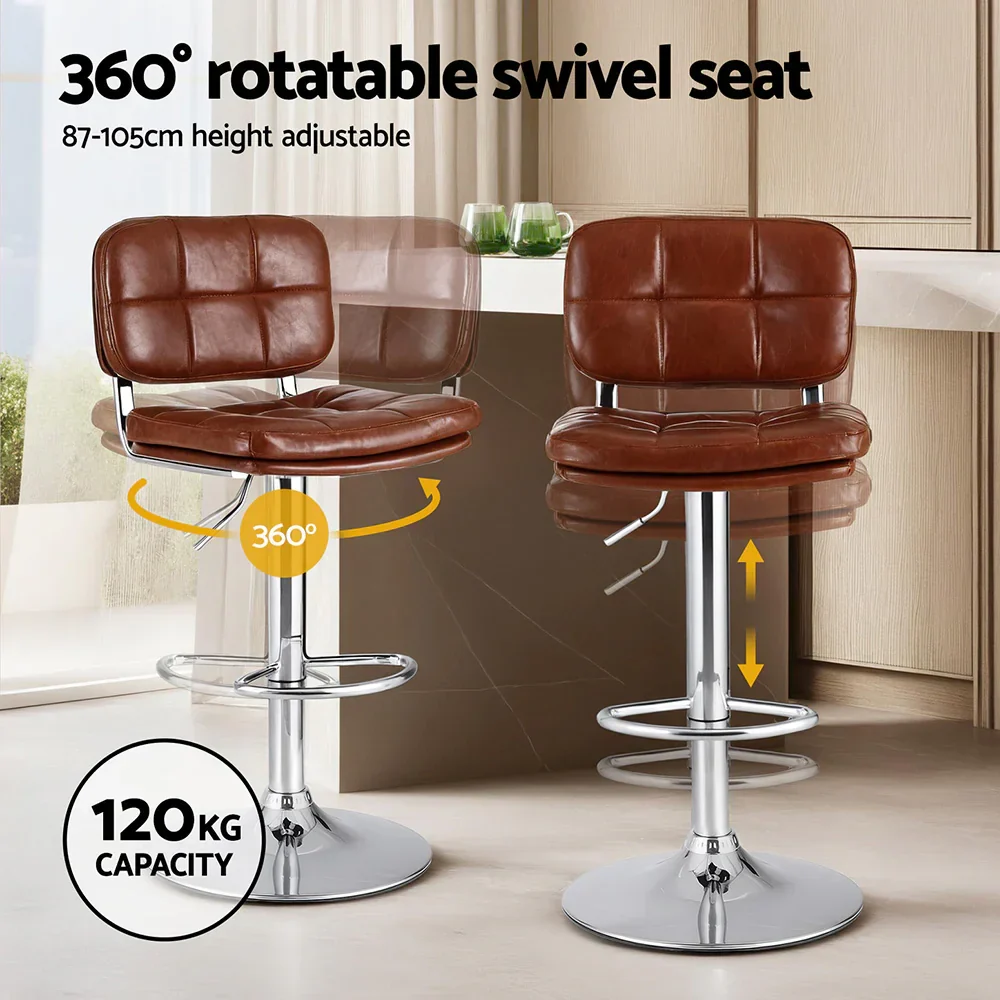 4x Bar Stools Kitchen Swivel Gas Lift Counter Chair Tuft PU Leather Brown - Image 4