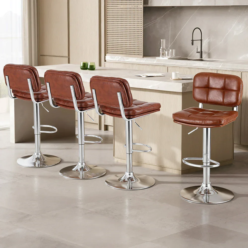 4x Bar Stools Kitchen Swivel Gas Lift Counter Chair Tuft PU Leather Brown - Image 7