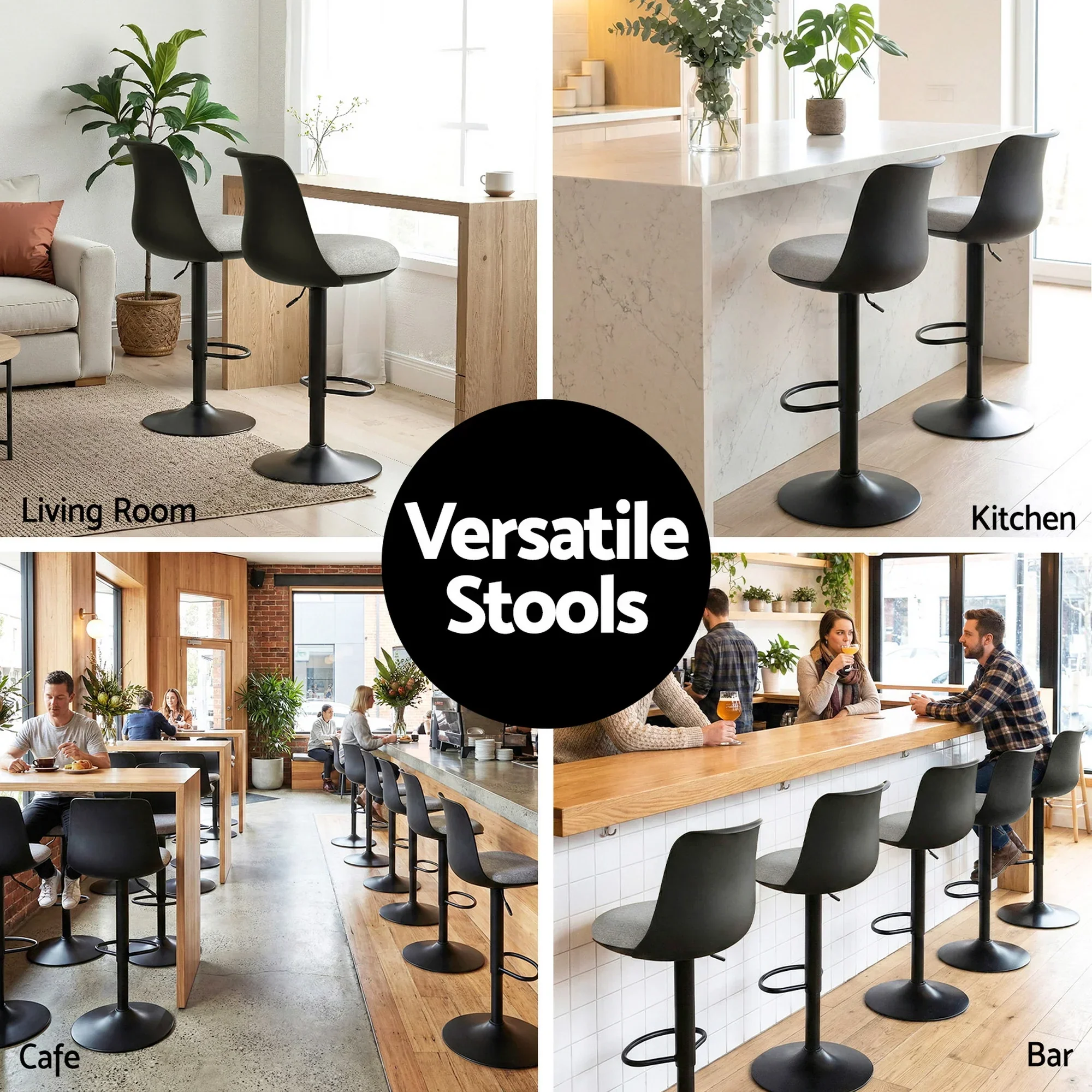 4x Bar Stools Kitchen Swivel Gas Lift Counter Dining Chair Curved Black - Image 5