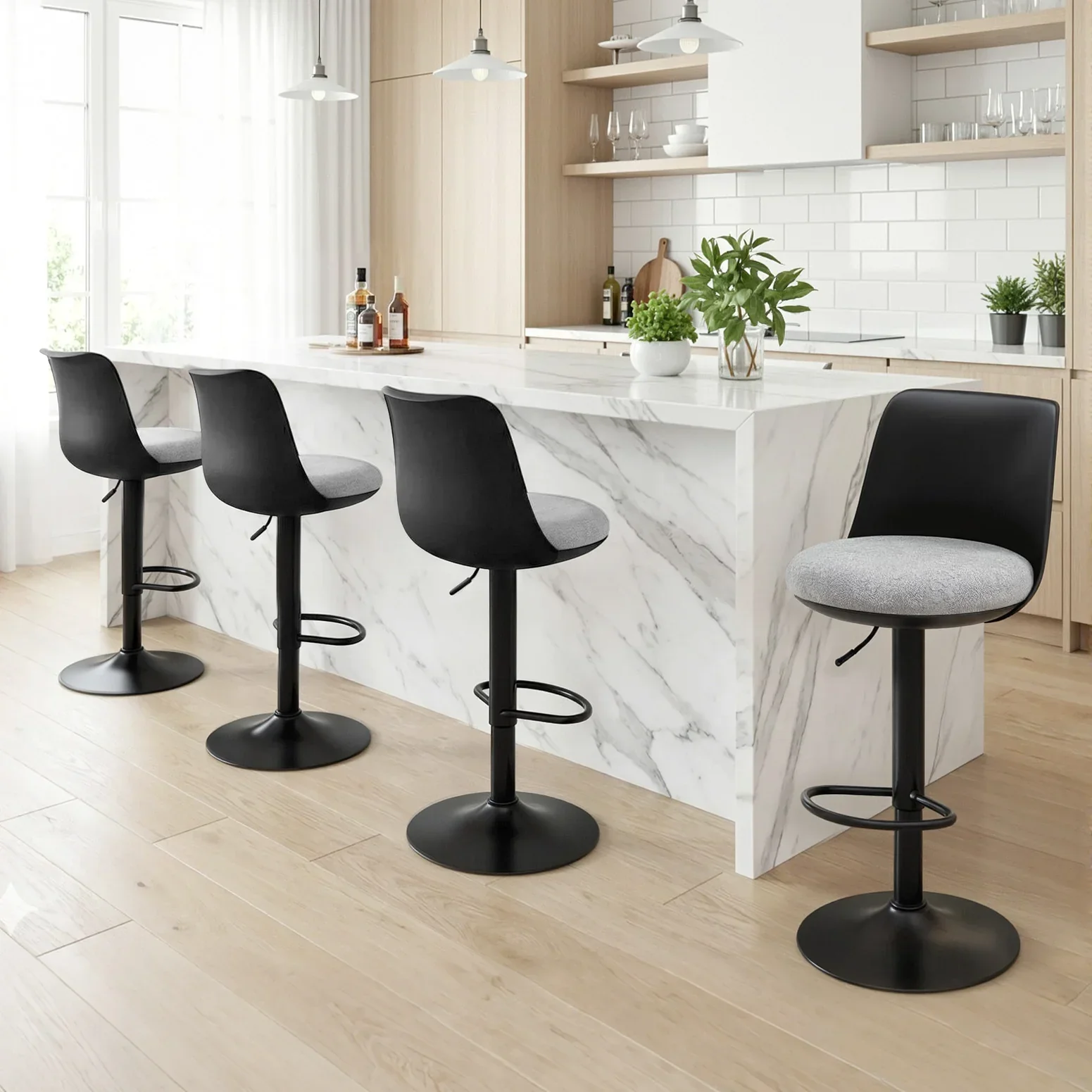 4x Bar Stools Kitchen Swivel Gas Lift Counter Dining Chair Curved Black - Image 6