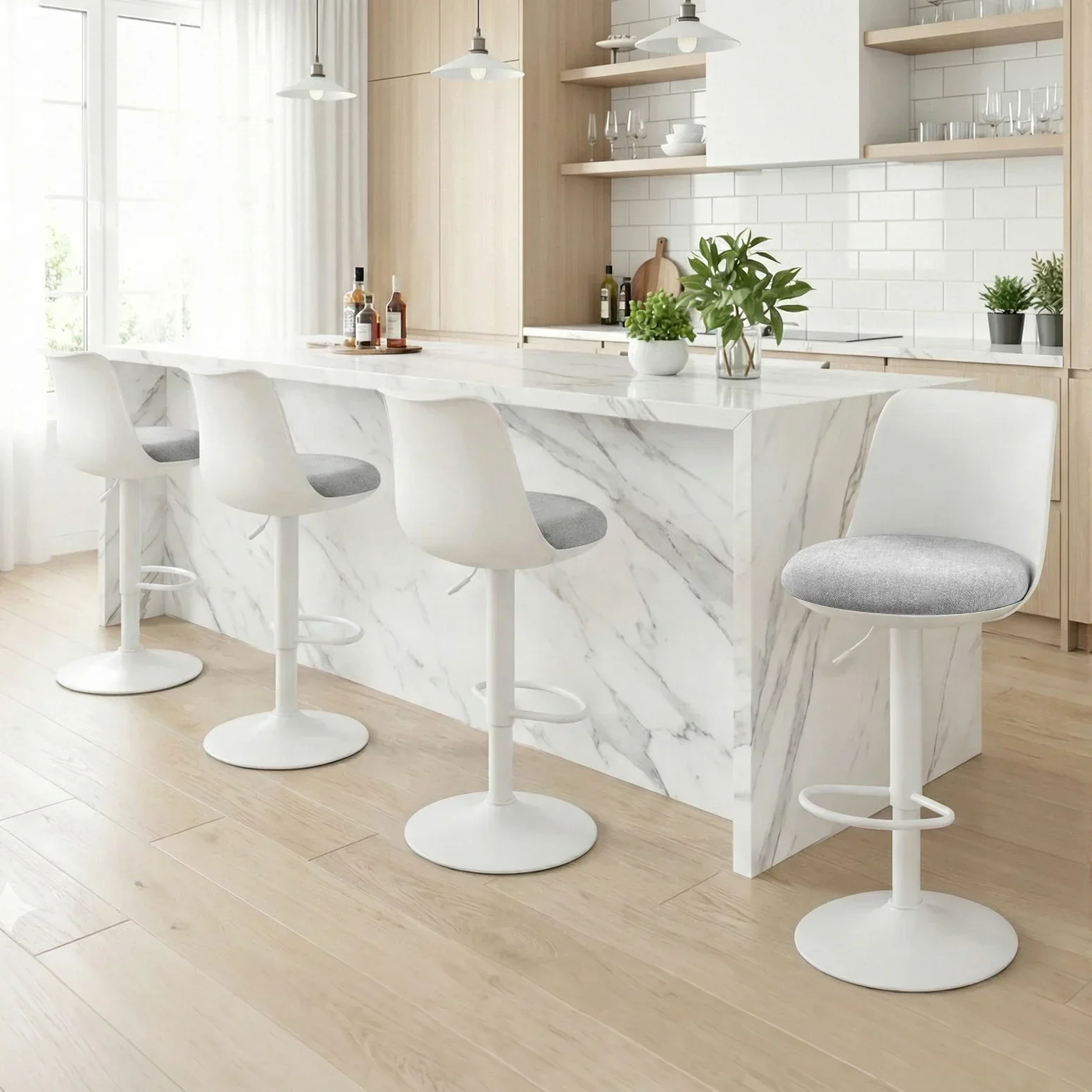 4x Bar Stools Kitchen Swivel Gas Lift Counter Dining Chair Curved White - Image 7