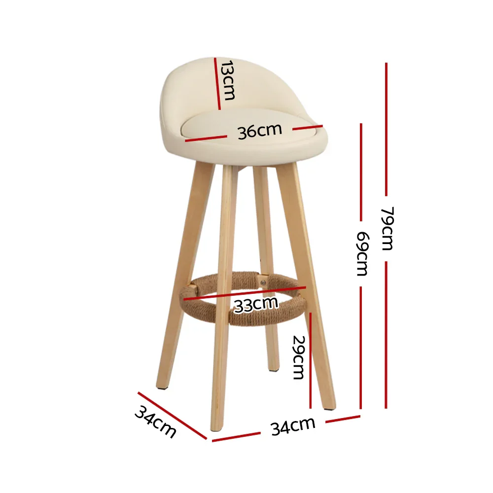 4x Bar Stools Padded Leather Wooden Beige - Image 2