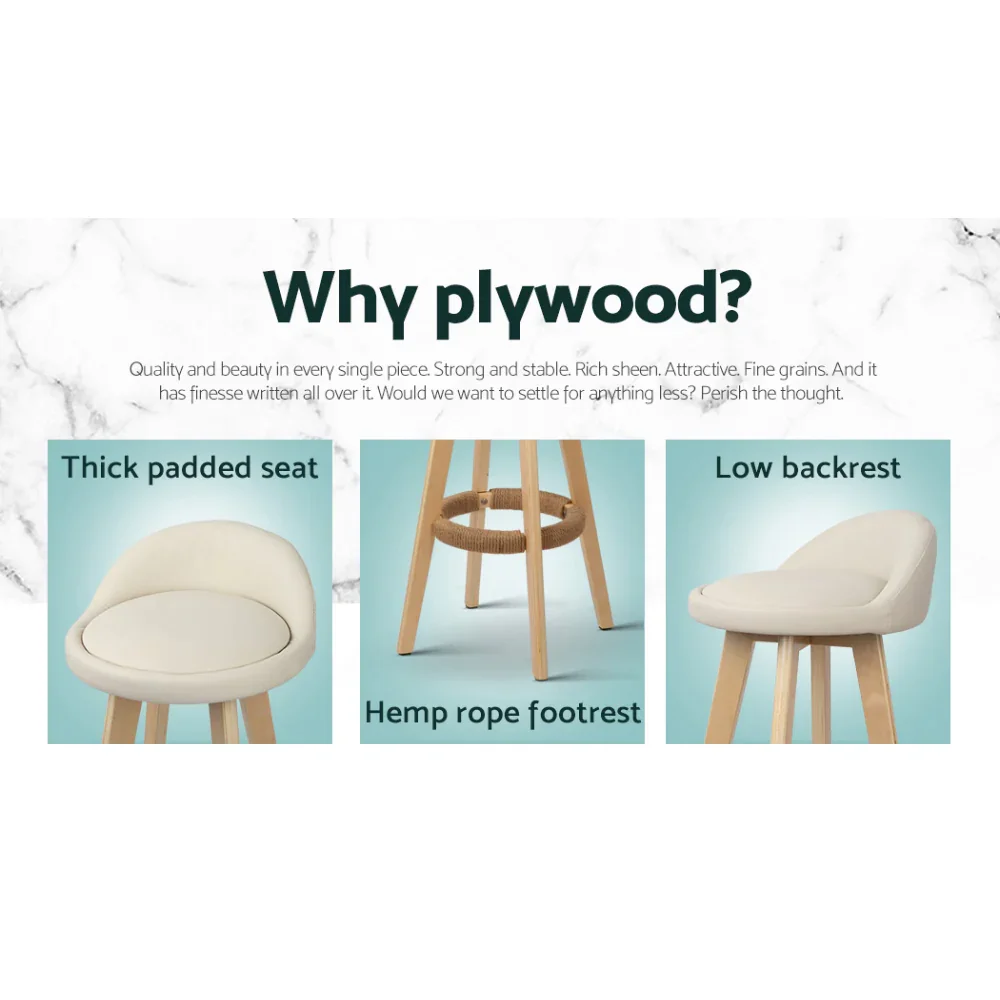4x Bar Stools Padded Leather Wooden Beige - Image 4
