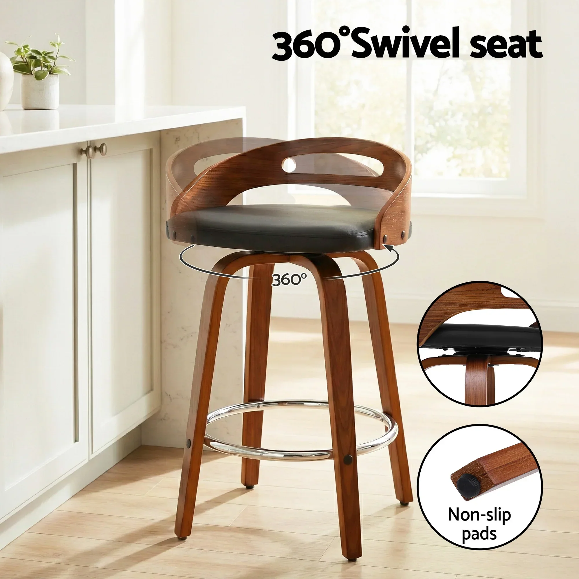 4x Bar Stools Swivel Dining Chairs Low Back Counter Seat PU Cushion - Image 4