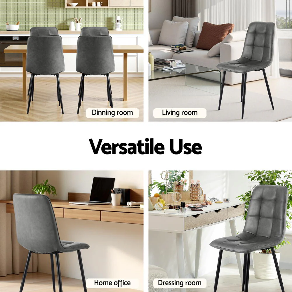 4x Dining Chairs Retro PU Leather Kitchen Lounge Cafe Accent Chair Grey - Image 3
