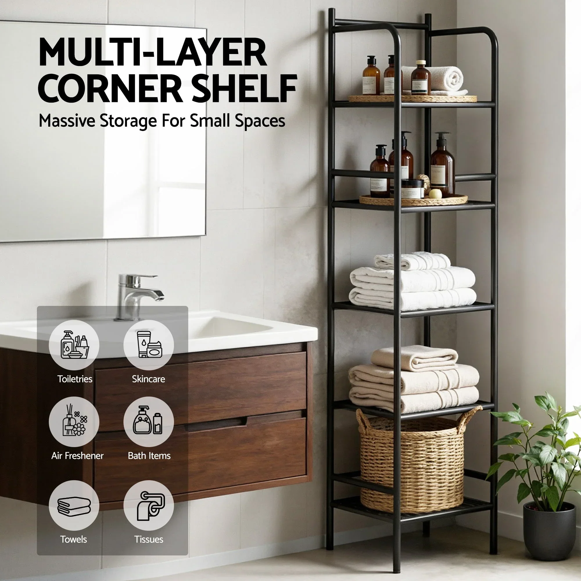 5 Tier Floor Standing Corner Shower Caddy Bathroom Organizer Black - Image 5