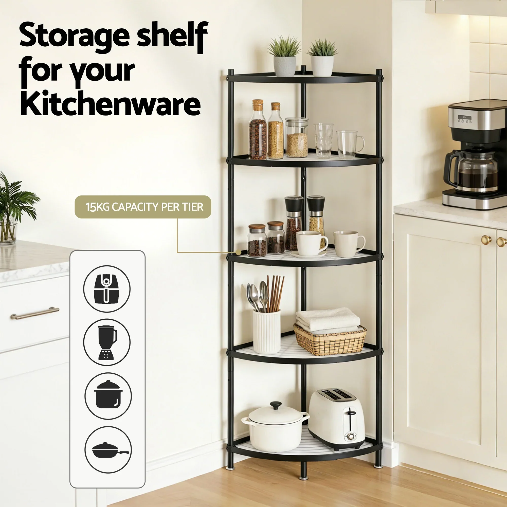 5-Tier Kitchen Corner Shelf Rack Stand Microwave Metal Storage Shelves - Image 5