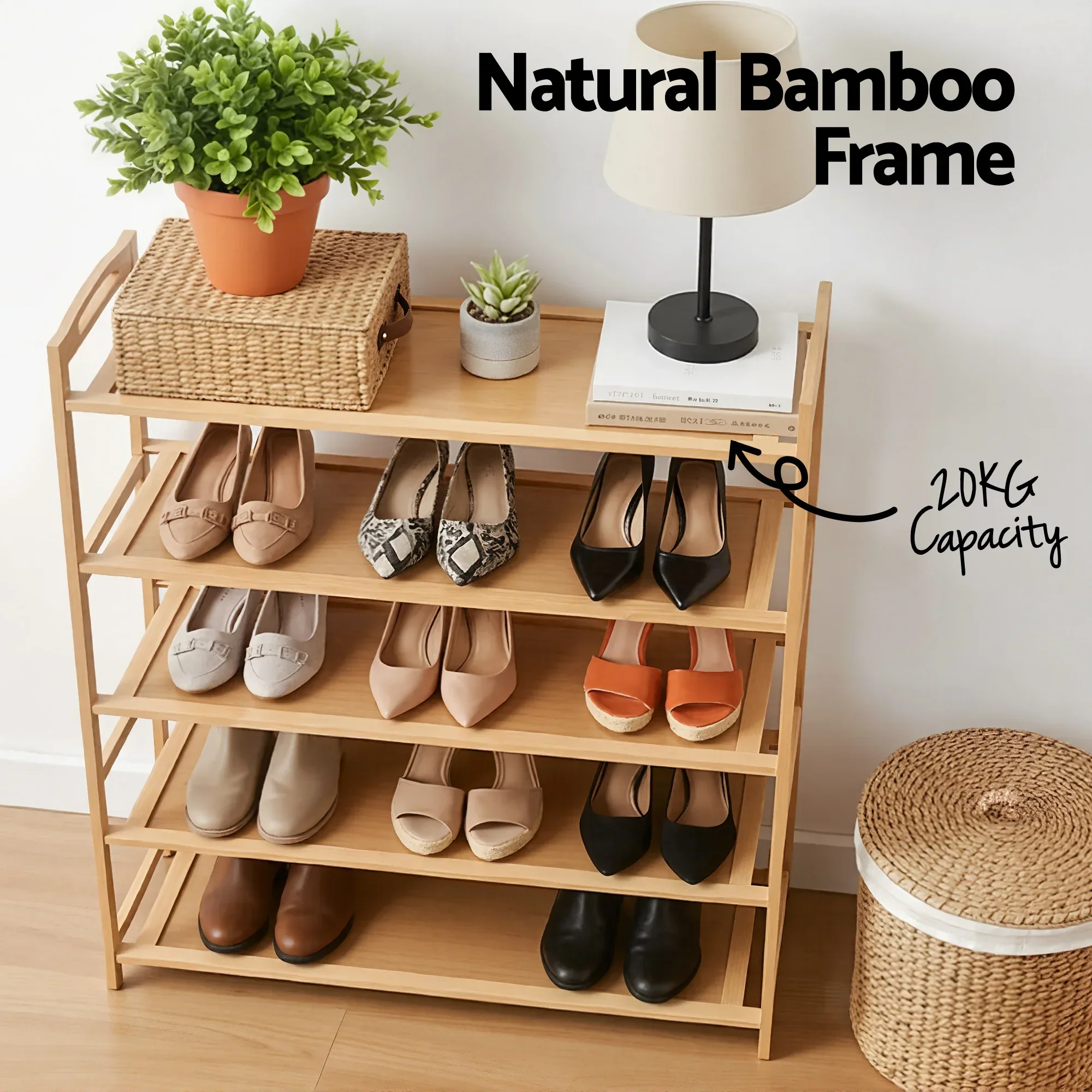 5 Tier Shoe Rack Bamboo Storage Organiser Pine - Image 6