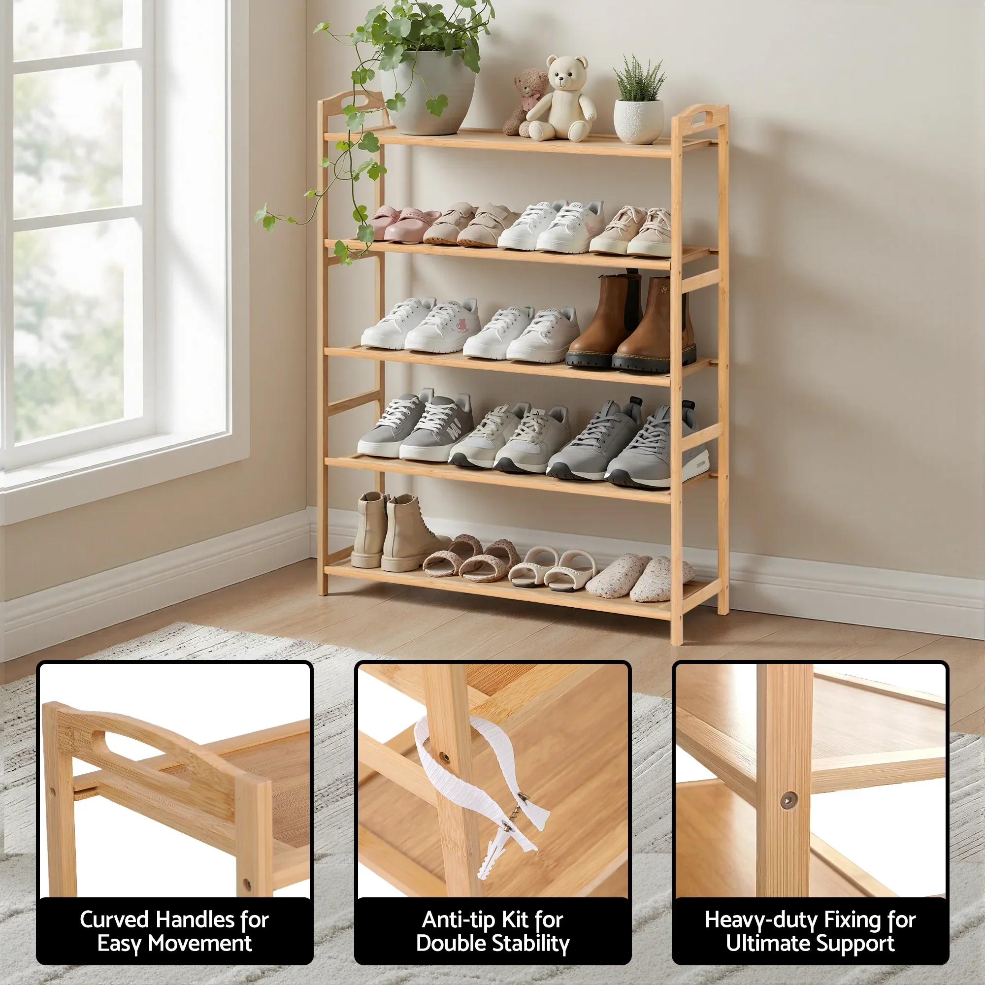 5 Tier Shoe Rack Bamboo Storage Organiser Pine - Image 7