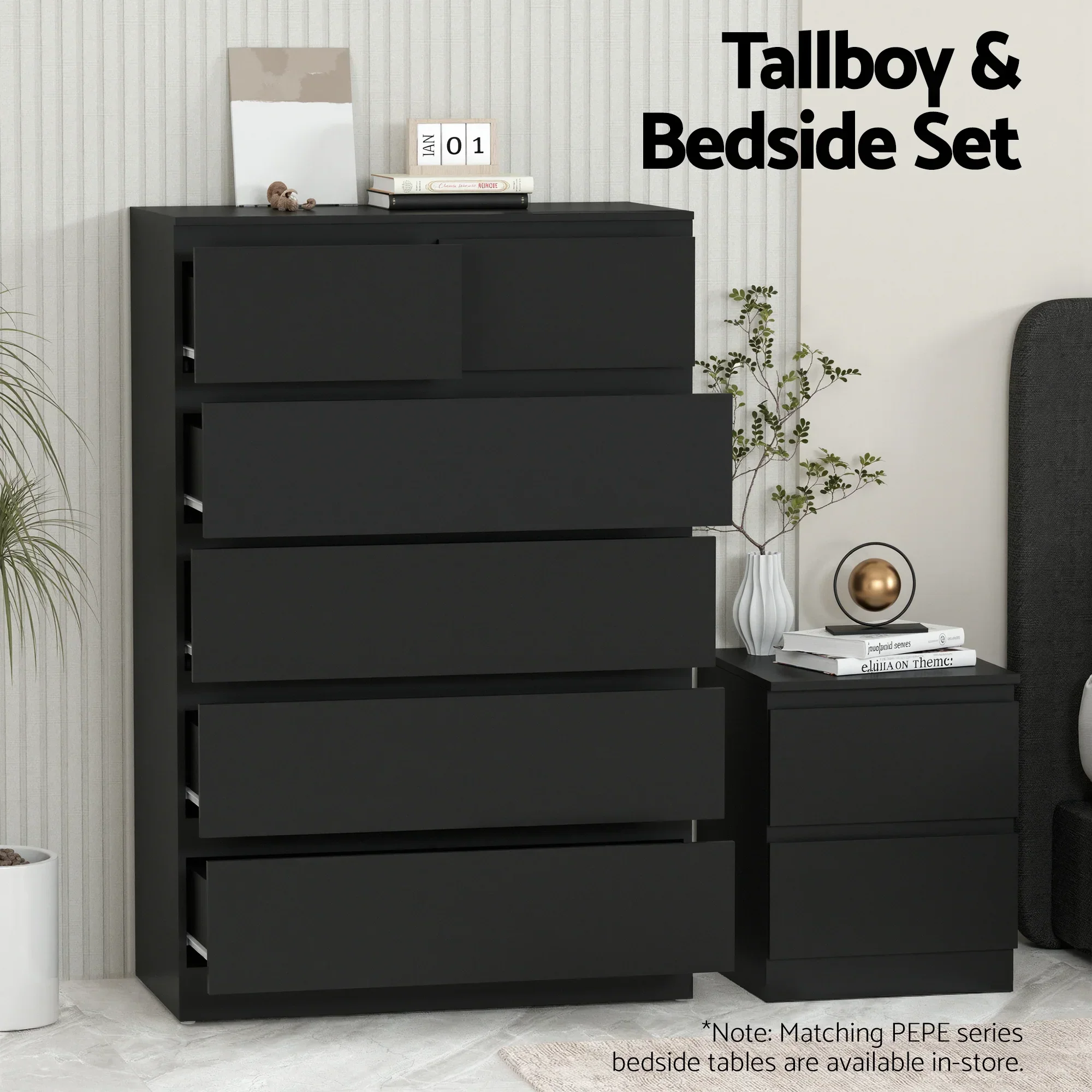 6 Chest of Drawers Tallboy PEPE Black - Image 3