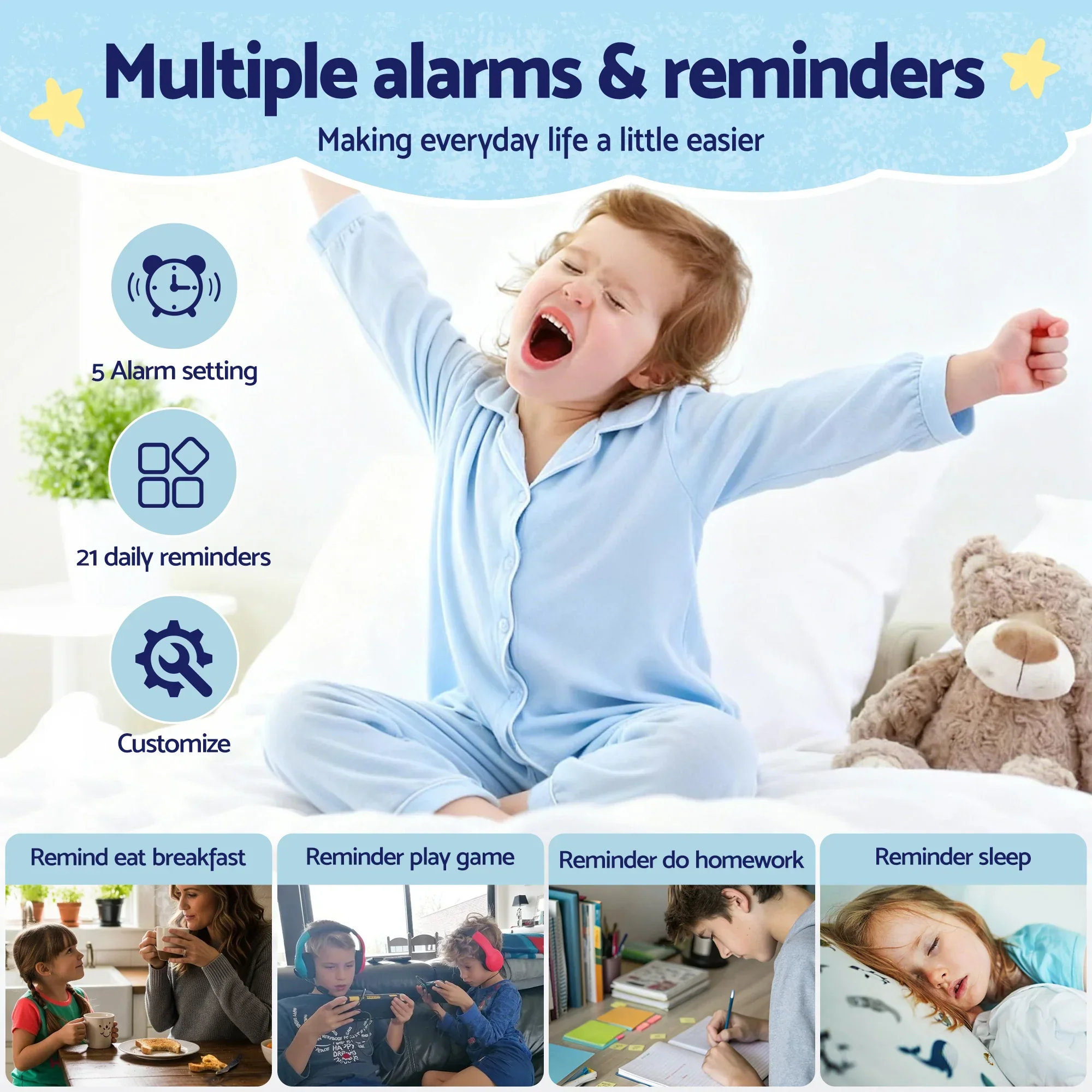 7" Digital Day Clock Calendar Alarm LCD Children Sleep Trainer Clocks Blue - Image 6
