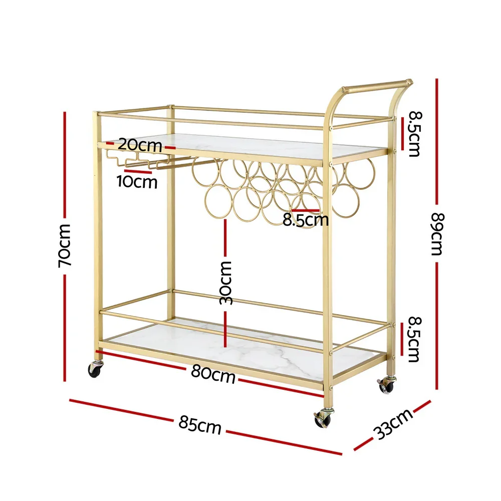 Bar Cart Drinks Trolley Serving Wine Rack Glass Holder Marble 85cm Gold - Image 3