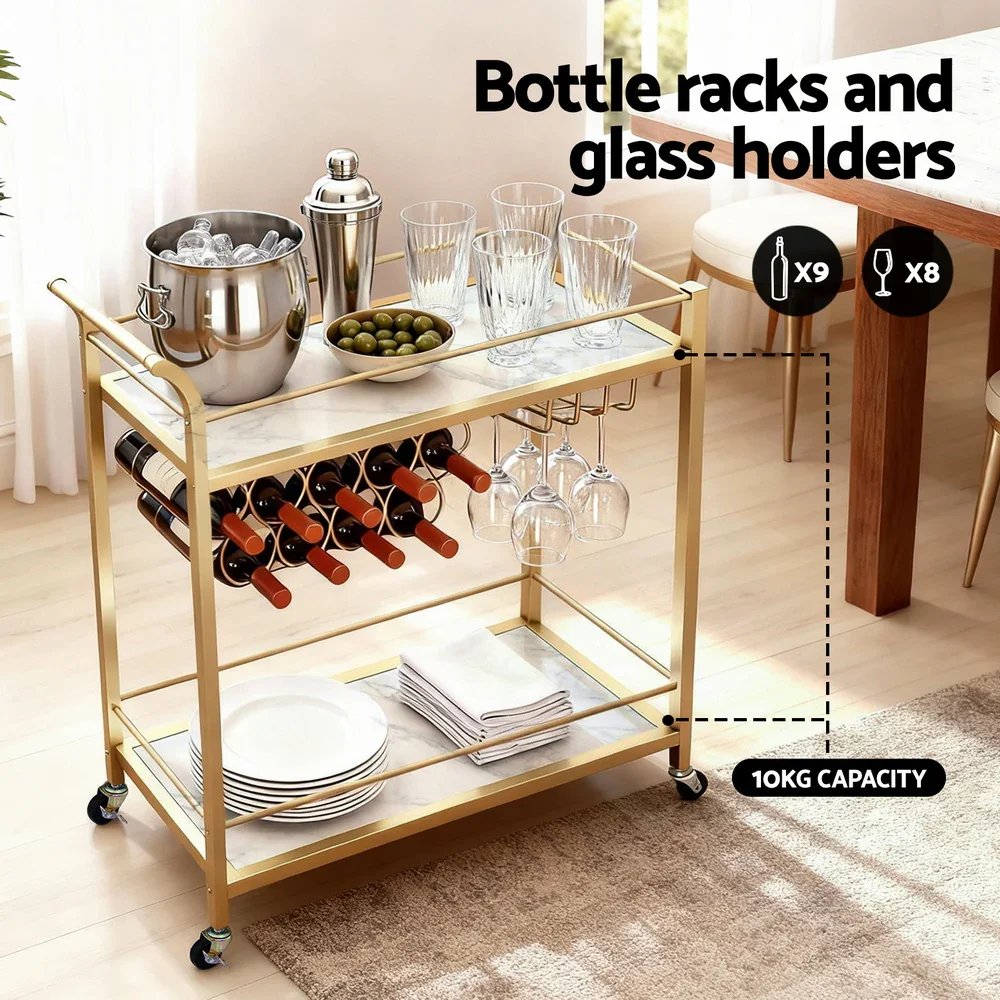 Bar Cart Drinks Trolley Serving Wine Rack Glass Holder Marble 85cm Gold - Image 5