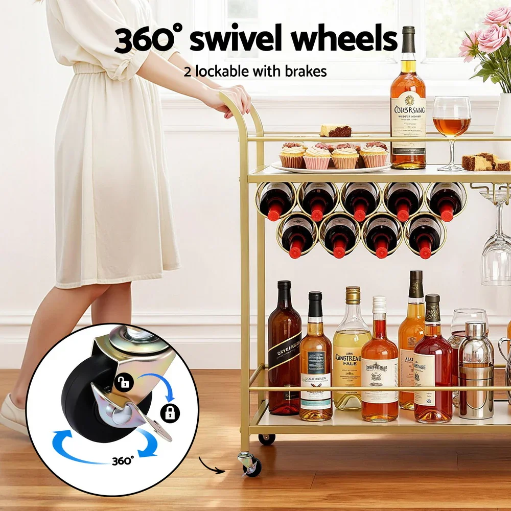 Bar Cart Drinks Trolley Serving Wine Rack Glass Holder Marble 85cm Gold - Image 7