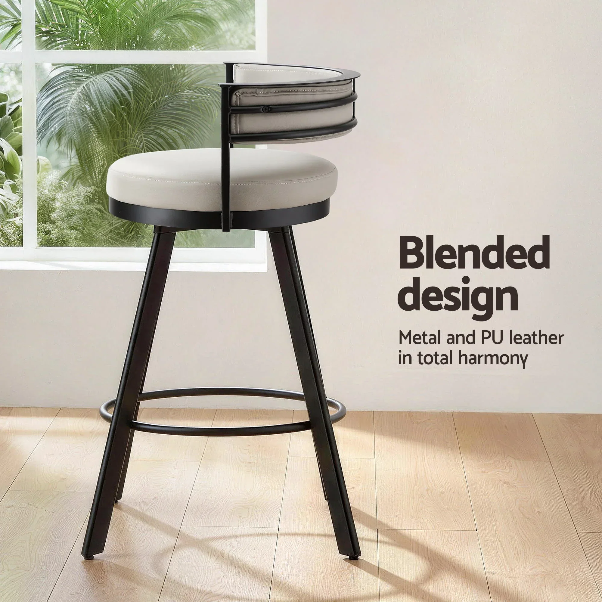 Bar Stool Swivel Kitchen Chair Metal PU Leather Counter Beige - Image 4