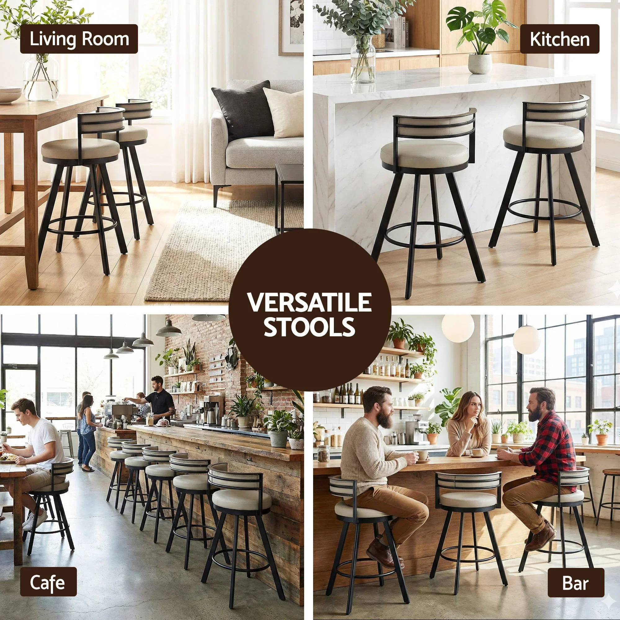 Bar Stool Swivel Kitchen Chair Metal PU Leather Counter Beige - Image 5