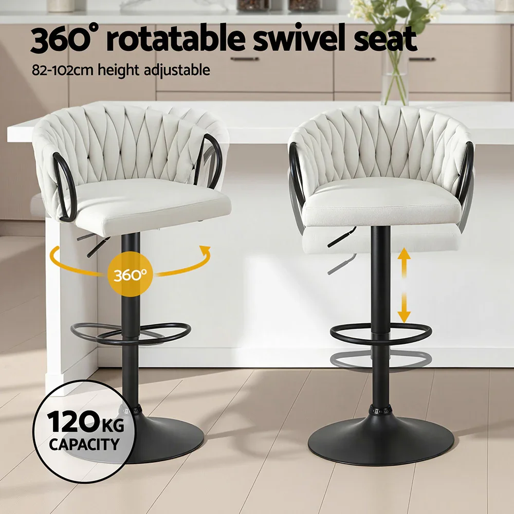 Bar Stool x2 Kitchen Dining Chair Counter Gaslift Woven Velvet Ivory - Image 2