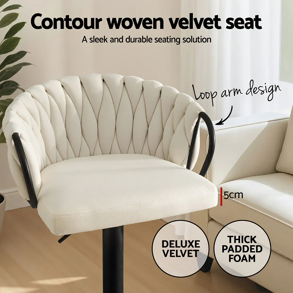 Bar Stool x2 Kitchen Dining Chair Counter Gaslift Woven Velvet Ivory - Image 3