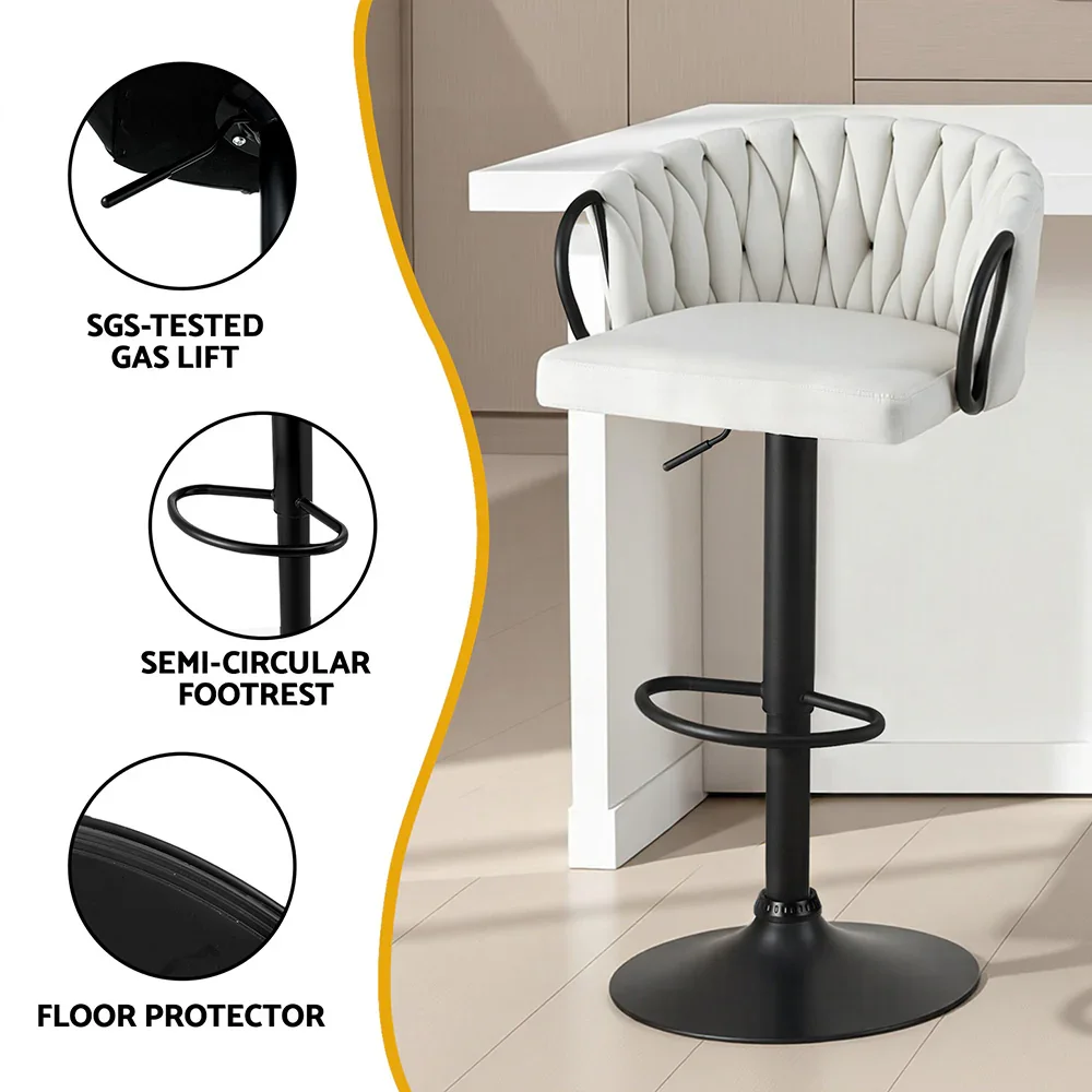 Bar Stool x2 Kitchen Dining Chair Counter Gaslift Woven Velvet Ivory - Image 4