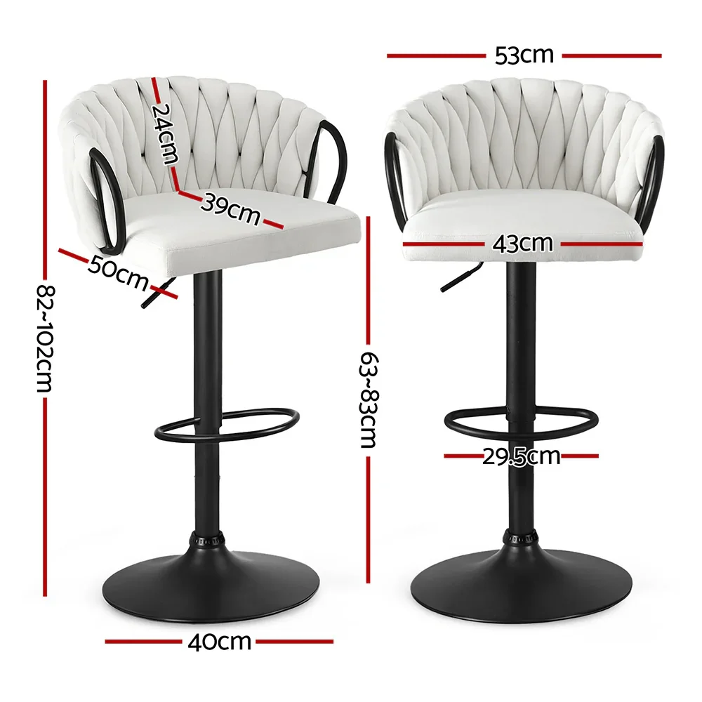 Bar Stool x2 Kitchen Dining Chair Counter Gaslift Woven Velvet Ivory - Image 5