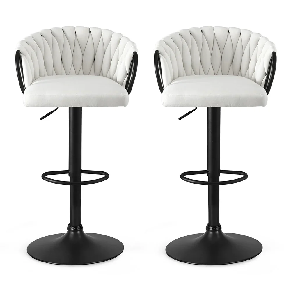 Bar Stool x2 Kitchen Dining Chair Counter Gaslift Woven Velvet Ivory - Image 6