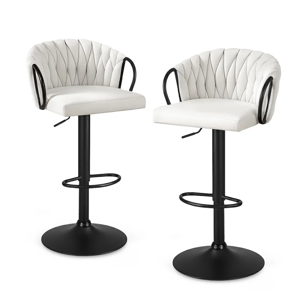Bar Stool x2 Kitchen Dining Chair Counter Gaslift Woven Velvet Ivory - Image 7