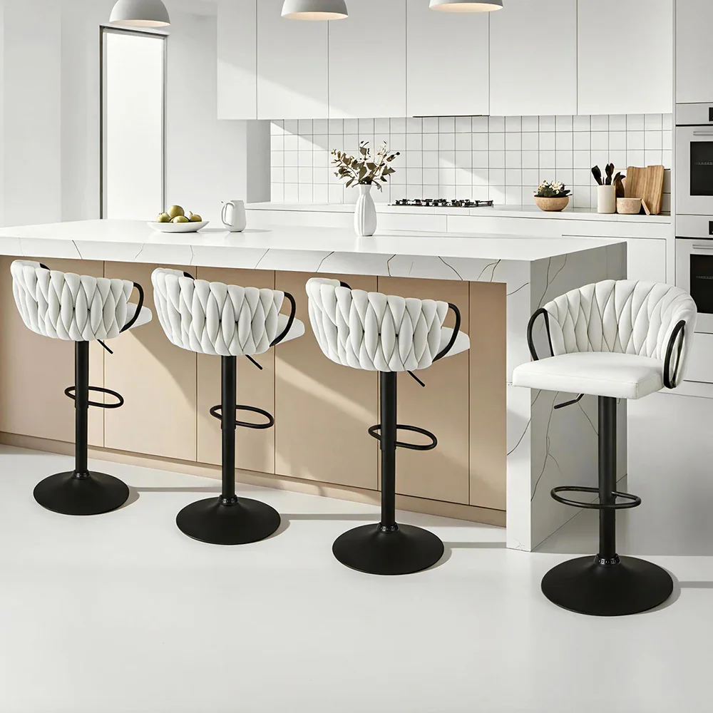 Bar Stool x4 Kitchen Dining Chair Counter Gaslift Woven Velvet Ivory - Image 7